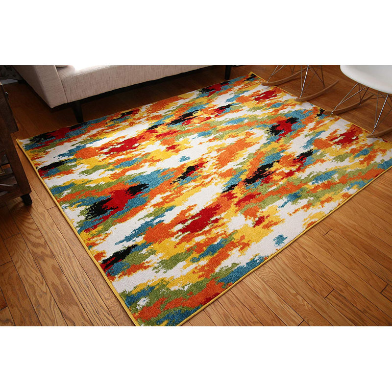 Ebern Designs Conti Abstract Design Wool Green/Orange/Blue Area Rug